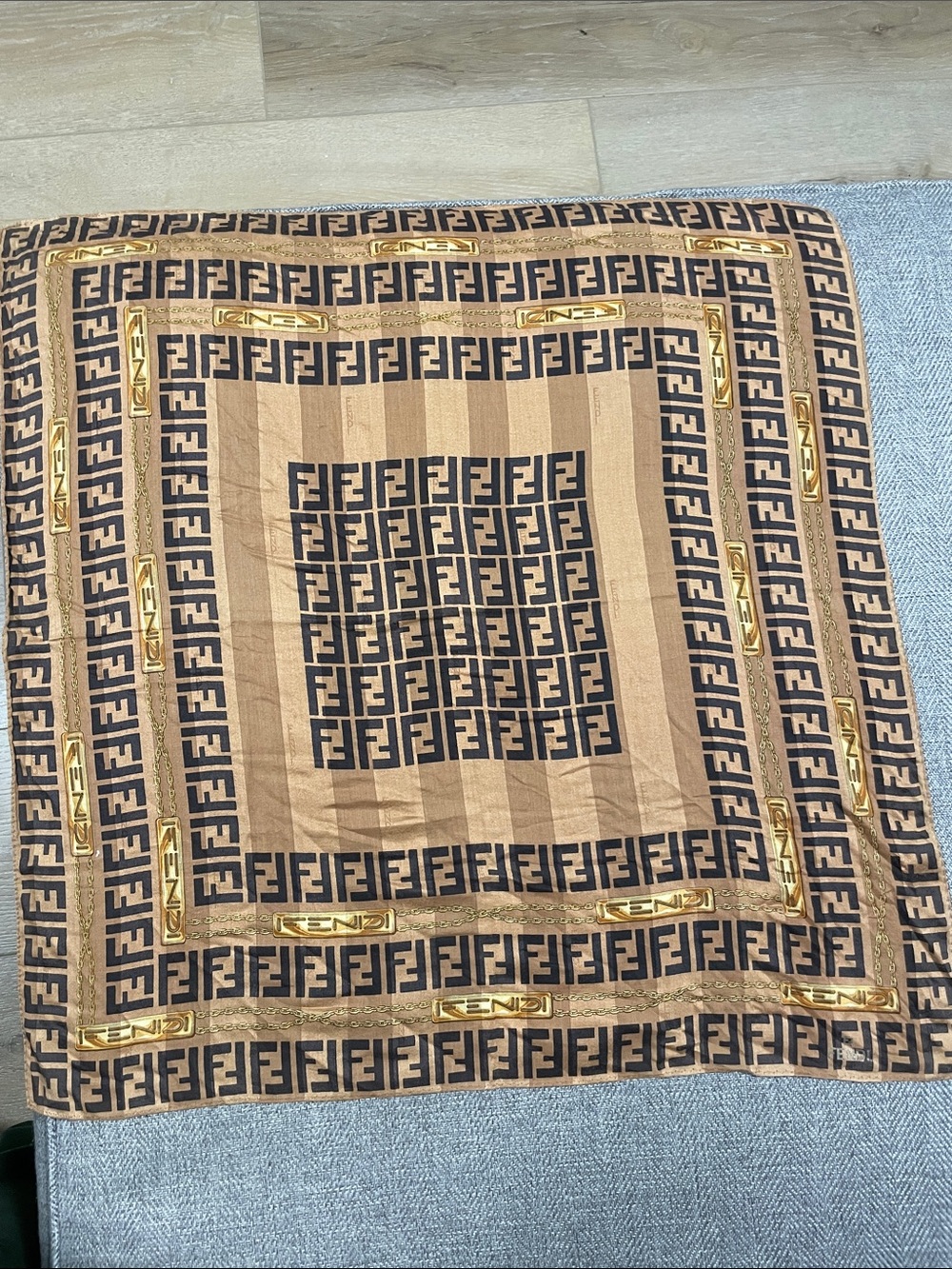 Vintage Fendi Brown and Black FF Logo Silk Scarf with Gold Accents